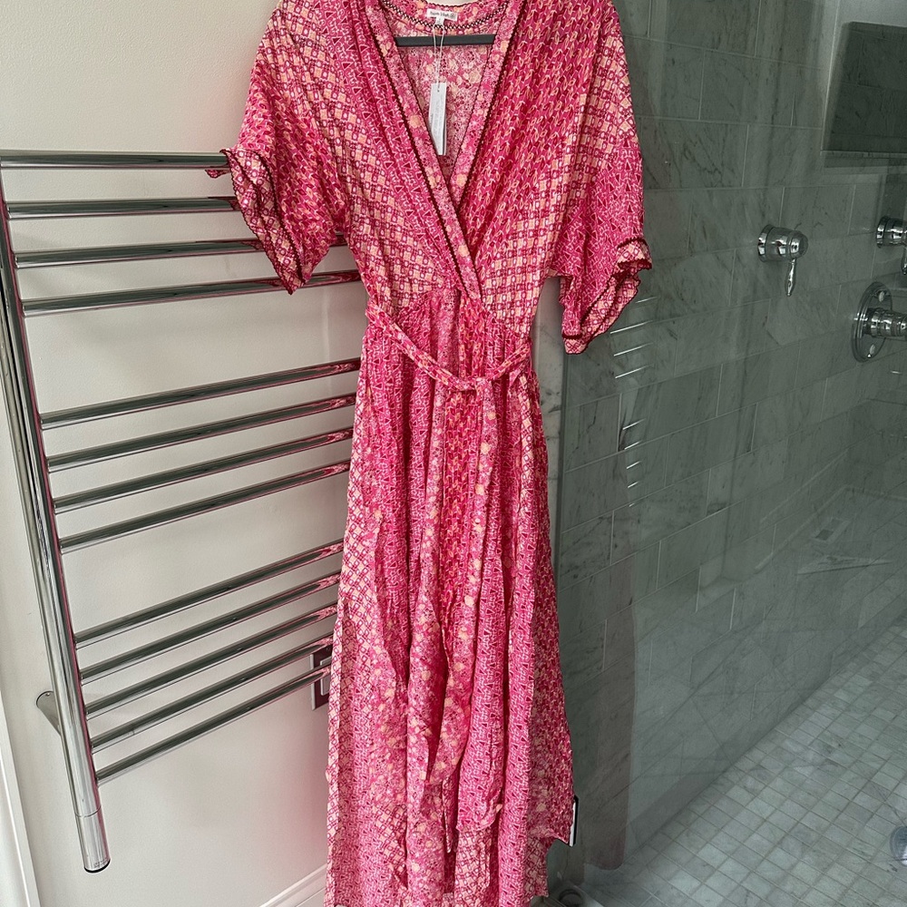 Poupette St. Barth Pink and White Puff Sleeve Wrap Maxi Dress